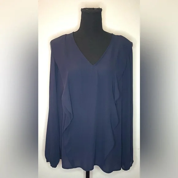 Banana Republic-Navy blue Ruffled Long-Sleeve Blouse Size M - Picture 2 of 6